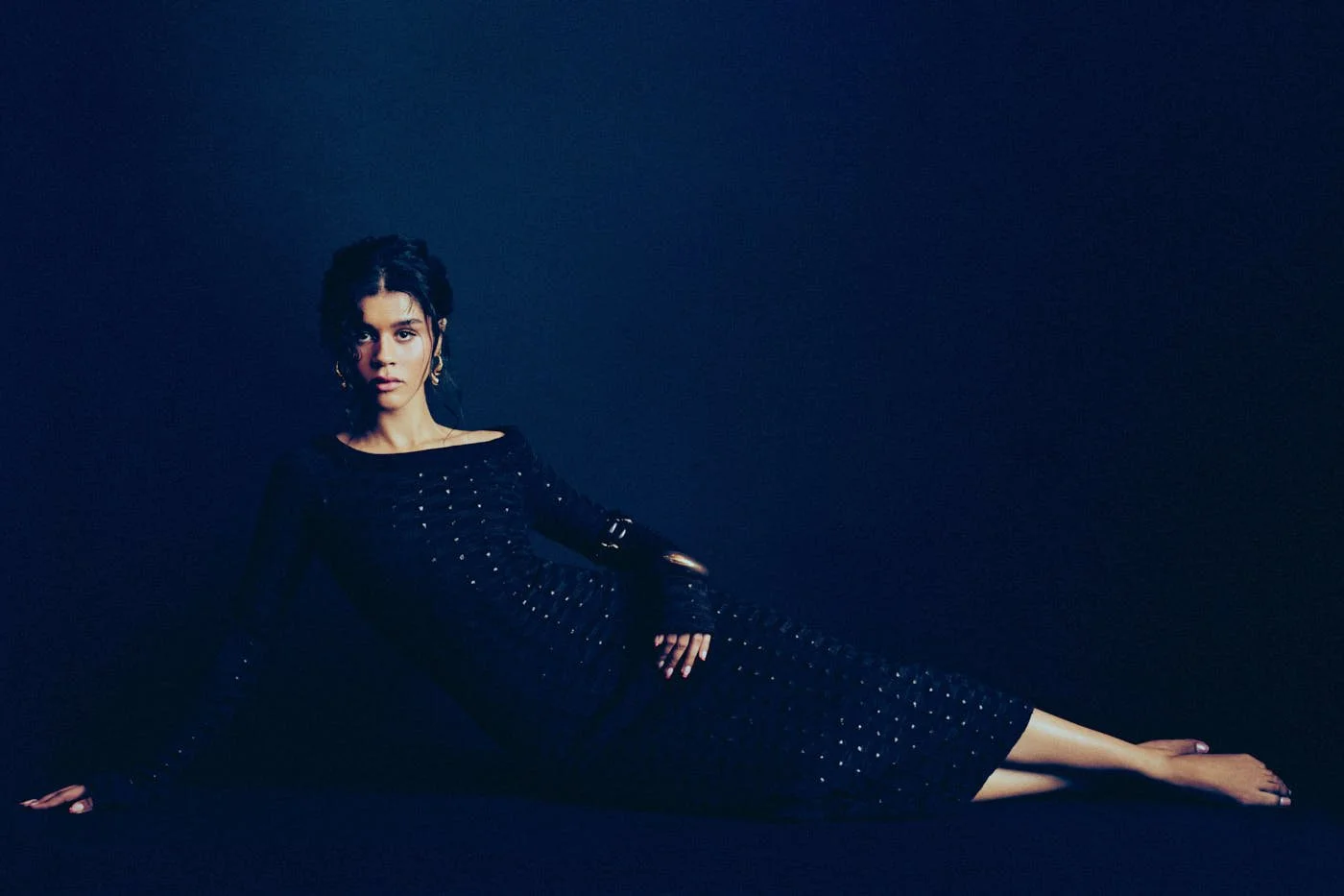 AMA by Stefen Pompée for LE MILE Magazine Digital Cover FW26 AMA wears a dress by FERRARI, earrings by ALEXIS BITTAR and cuffs by DSQUARED2