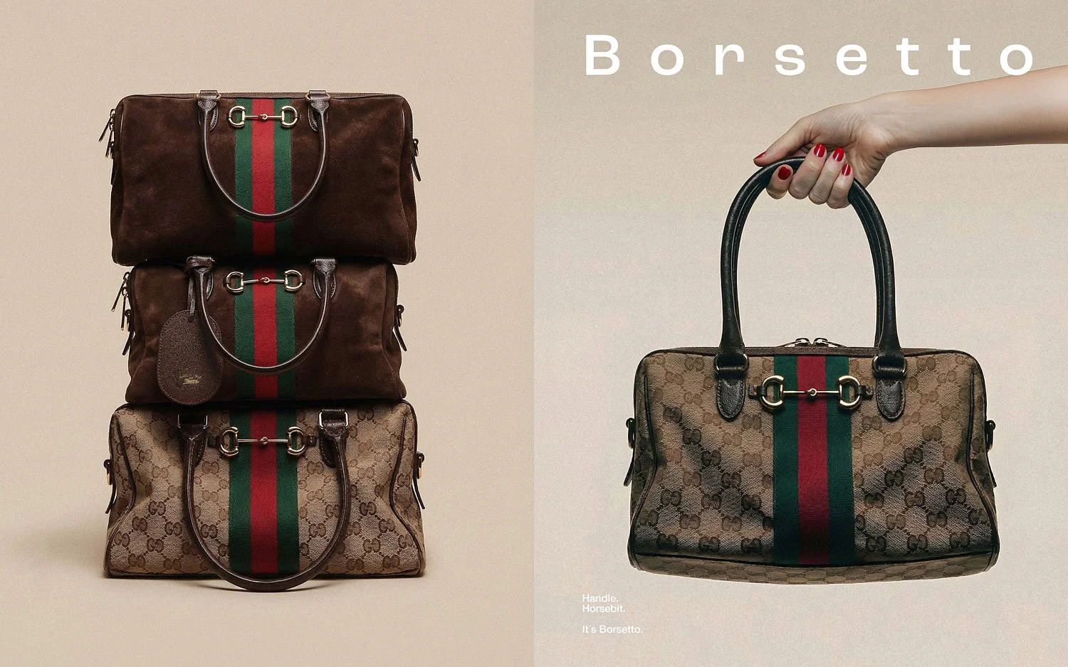 Gucci Borsetto bags in brown suede and GG Monogram canvas, stacked beside a hand holding the GG Monogram version with Horsebit hardware and green-red Gucci Web stripe.