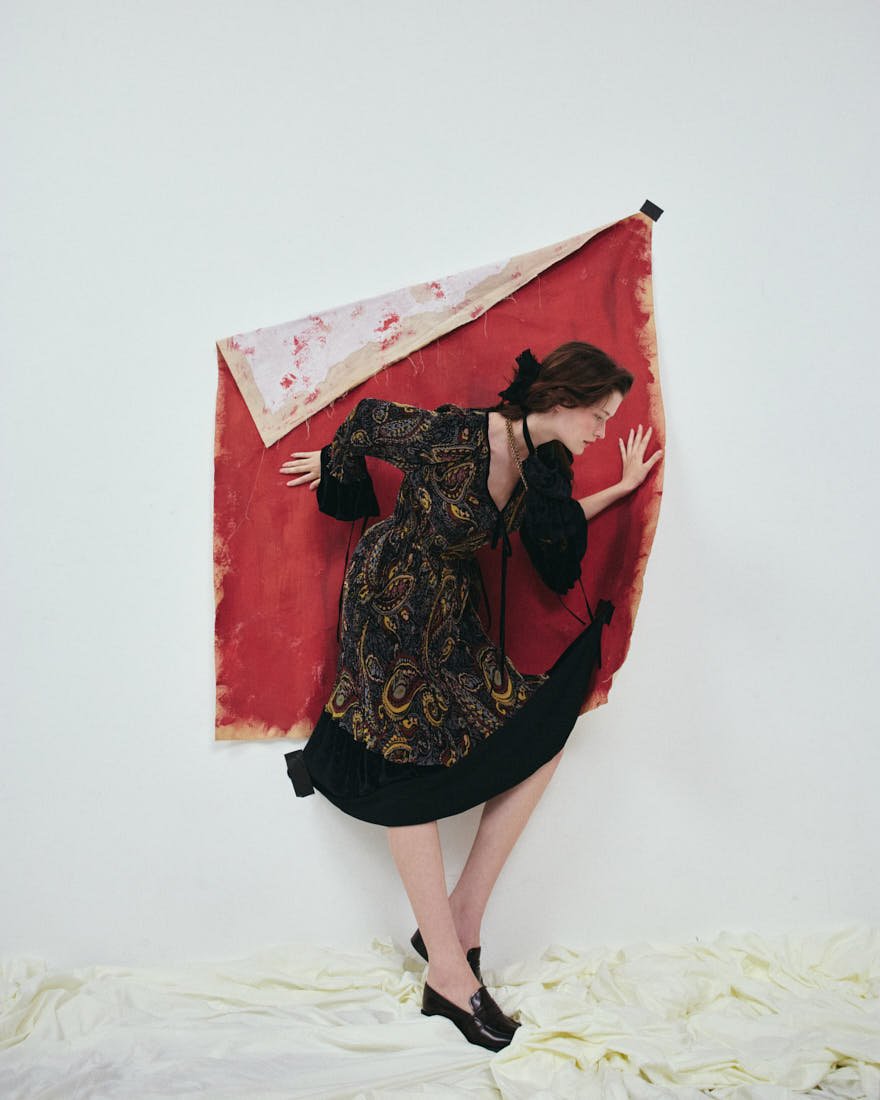 MADDIE STANLEY SS26 Editorial for LE MILE Magazine Maddie wears dress by ETRO and shoes by CHURCH'S