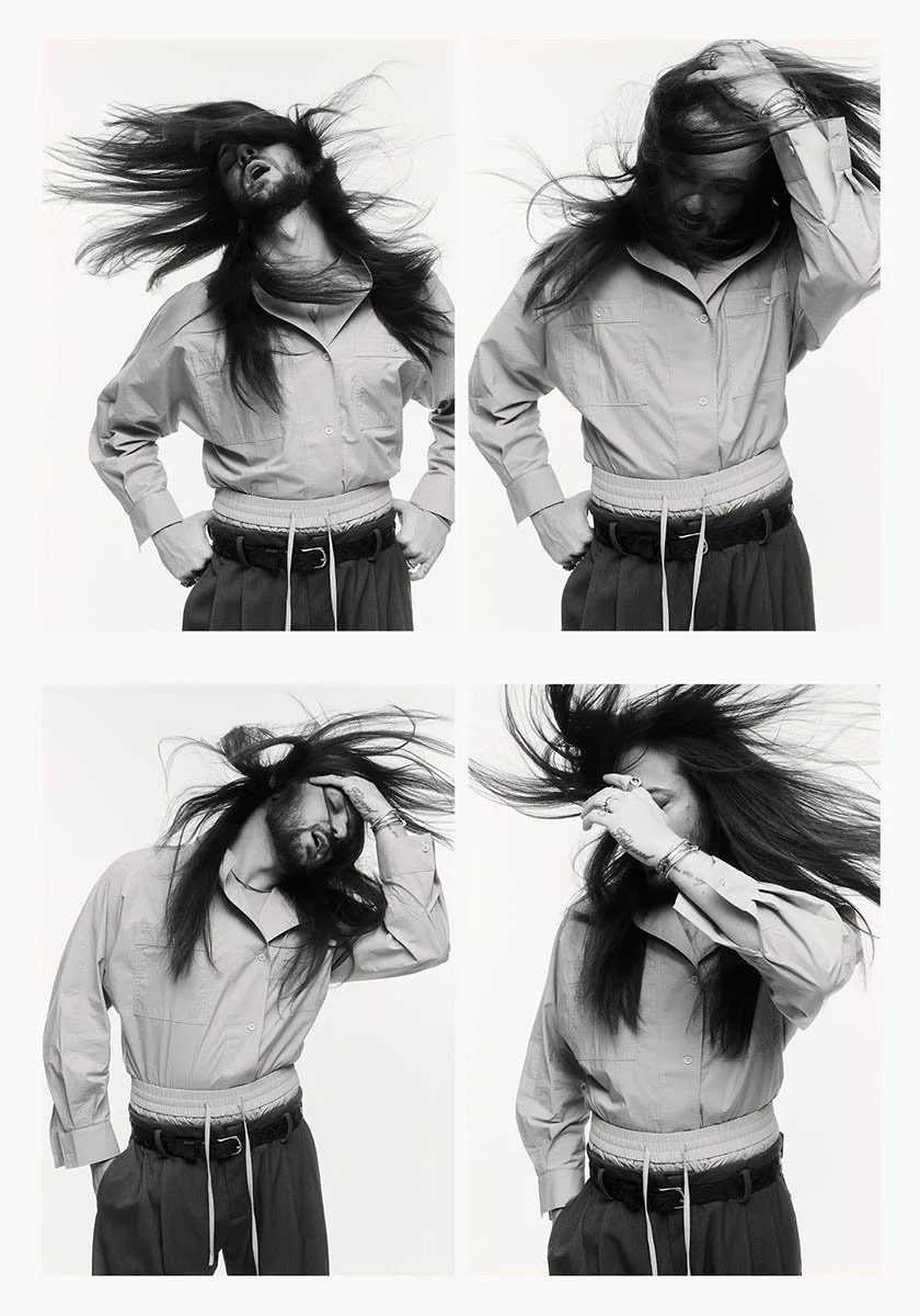 Florian Ferino styling Riccardo Simonetti's long hair for their Kérastase feature in LE MILE Magazine, exploring the artistry behind his signature look. Flying Hair.