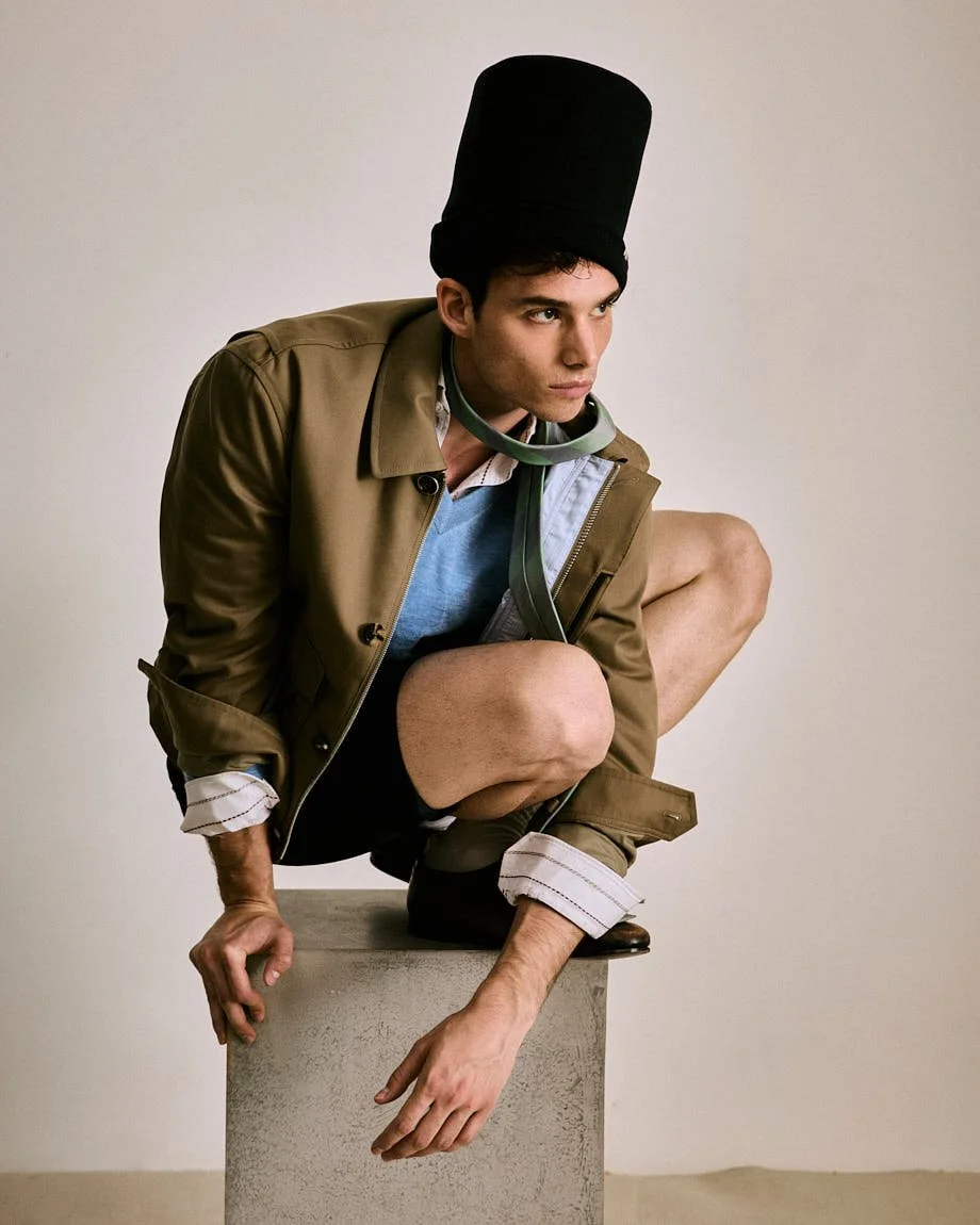 Riccardo de Rinaldis SS26 Digital Cover Story for LE MILE Magazine photographer Cosimo Buccolieri Riccardo wears jacket, sweater and tie by DIOR, shirt by PAL ZILERI, pants by SEBAGO, shoes by CHURCH’S and hat by EXTREME CASHMERE