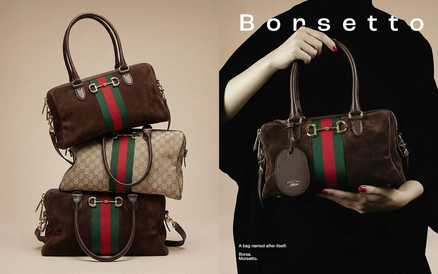 Gucci Borsetto bags in brown suede and GG Monogram canvas, shown stacked beside a model holding the brown suede version with Horsebit hardware and green-red Gucci Web stripe