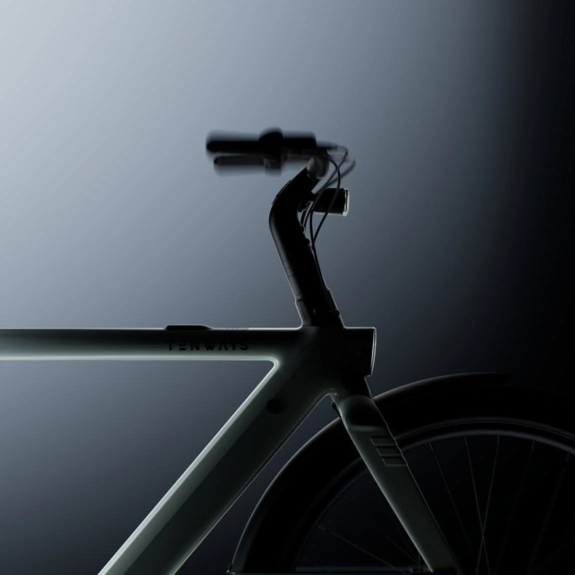 TENWAYS CGO 009 e-bike shown in a close-up studio image, highlighting the handlebar, front frame, integrated light, and front wheel in low lighting
