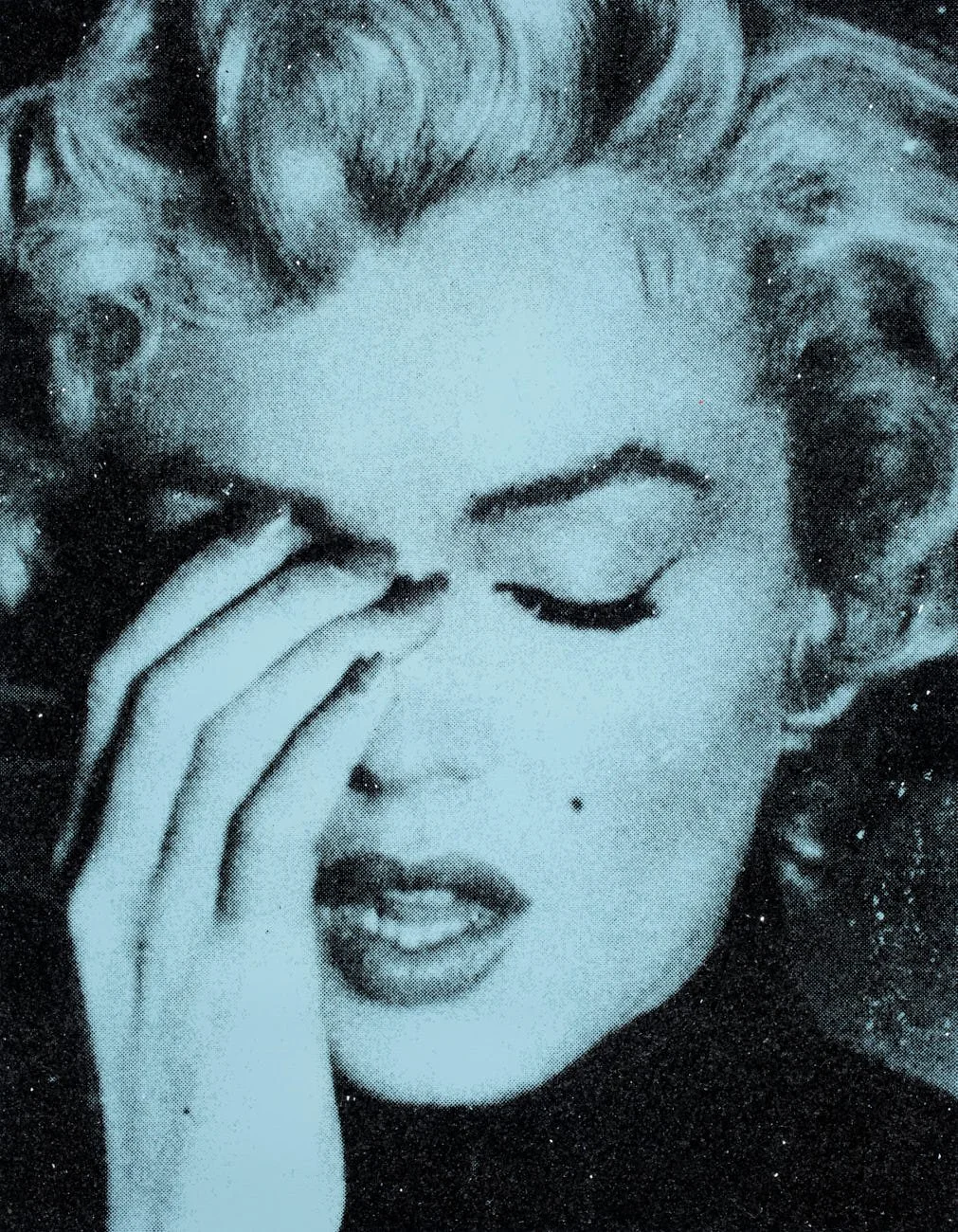 MARILYN CRYING small DIAMOND, 2024, Acrylic, oil based ink and diamond dust hand pulled screen print on linen, Earth Blue
