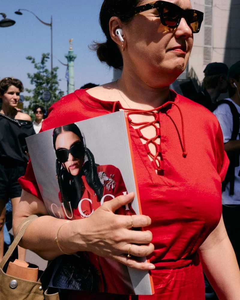 Lemaire Paris Fashion Week PFW SS27 Menswear LE MILE Magazine Outside The Show Ian Kobylanski GUCCI advertising on LE MILE magazine backcover