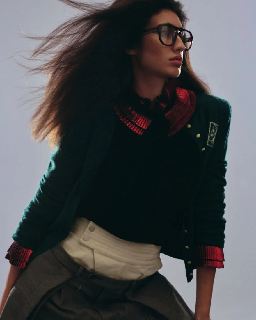 LE MILE Magazine model Mariana Goncalves photo Cosimo Buccolieri SS26 COVER Mariana wears a cardigan by TORY BURCH, a shirt by LOUIS VUITTON, shorts by RANDOM IDENTITIES by Stefano Pilati, pants by MORDECAI and glasses by CALVIN KLEIN JEANS