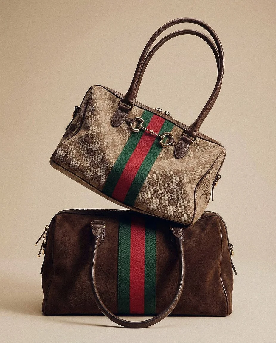 Two Gucci Borsetto bags stacked together, featuring a GG Monogram canvas version above a brown suede version with Horsebit hardware and green-red Gucci Web stripe
