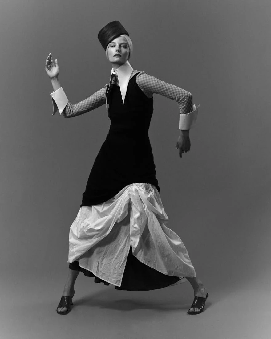 LE MILE Magazine ROOS ABELS Interview and SS26 Fashion Editorial Roos wears dresses by EXTREME CASHMERE and MICHAEL KORS, shirt by LOUIS VUITTON, shoes by MICHEL PIZA and hat by VIVETTA
