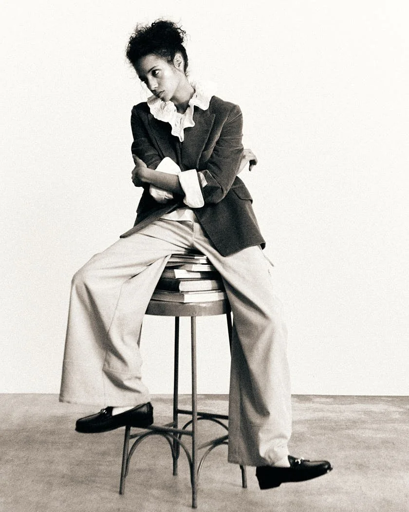 EDITH MARCHIANI FW25 LE MILE Magazine Editorial by lemilestudios Antonio Crotti Edith wears a blazer and sweater by PAUL SMITH, a shirt by CELINE, pants by QUARTOATTO, and shoes by SEBAGO