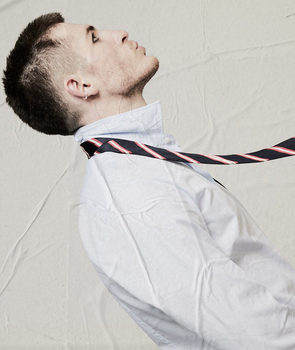 Kieron Moore LE MILE Magazine Cover Interview with Alban E. Smajli Kieron wears shirts and ties by FURSAC and ear cuffs by ALT PARIS