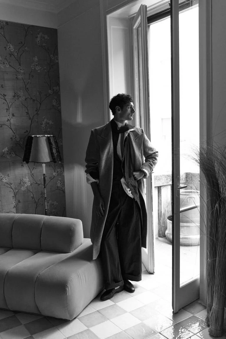 Aaron Shandel for LE MILE Magazine photographer Cosimo Buccolieri Issue 41 FW26 Deja Vu Cover Aaron wears a coat by BOSS, shirts by BURBERRY and DOLCE&GABBANA, pants by IM MEN, shoes by CHURCH’S and ties by CARUSO.