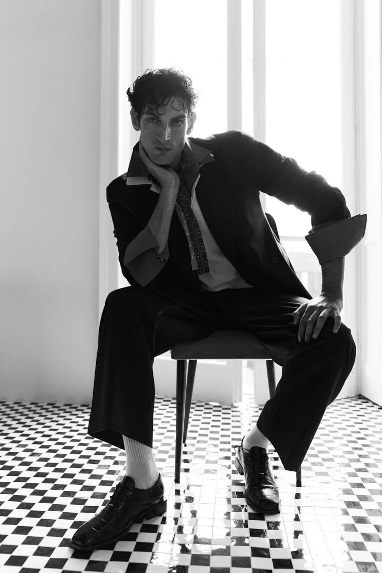 Aaron Shandel for LE MILE Magazine photographer Cosimo Buccolieri Issue 41 FW26 Deja Vu Cover Aaron wears a blazer by MFPEN, a T-shirt by THE FRANKIE SHOP, shirts and ties by CELINE, pants by STUDIO NICHOLSON and shoes by GIUSEPPE ZANOTTI