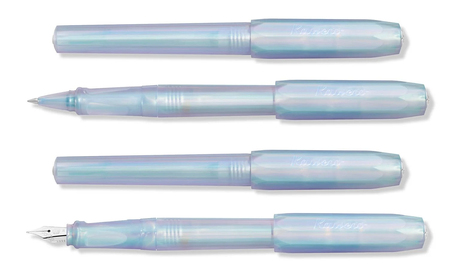 Kaweco Perkeo Iridescent Pearl fountain pen and rollerball shown in capped and uncapped versions on a white background