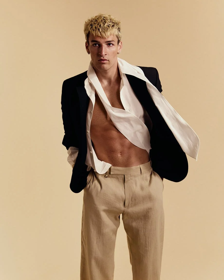 LE MILE Magazine Milhan Bouzidi SS26 Editorial Milhan wears shirt and blazer by LORO PIANA and pants by PAUL SMITH