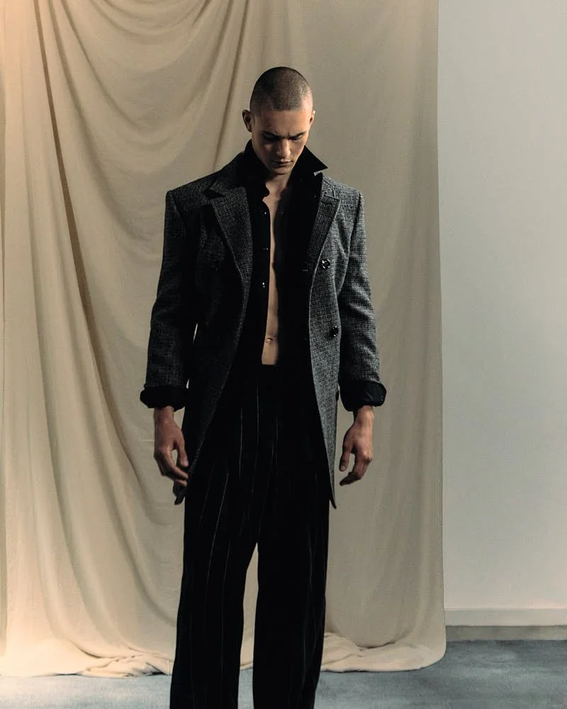 Samuel Watson by Cosimo Buccolieri for OFFLINE Issue 39 LE MILE Magazine Alban E. Smajli Sam wears a grey coat by CELINE, a blazer by BRUNELLO CUCINELLI, a shirt by BRIONI, pants by DOLCE & GABBANA