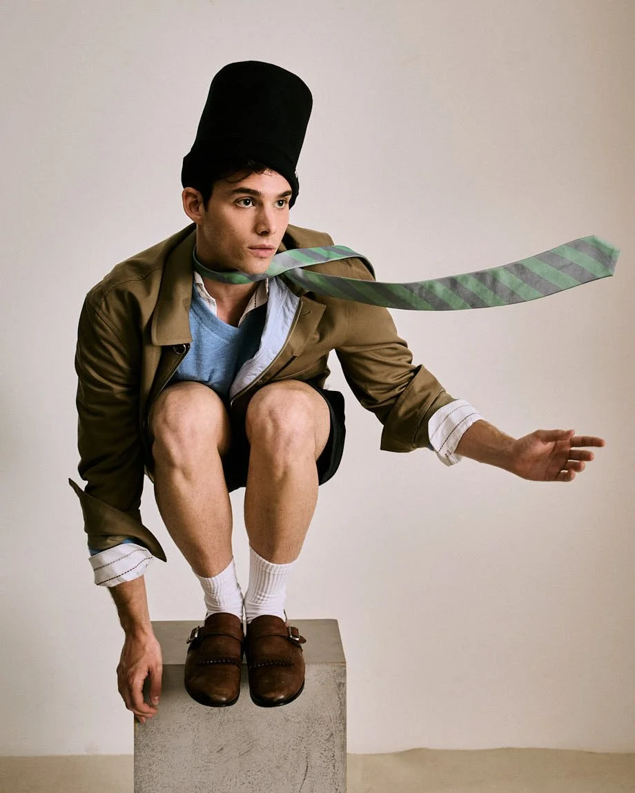 Riccardo de Rinaldis SS26 Digital Cover Story for LE MILE Magazine photographer Cosimo Buccolieri Riccardo wears jacket, sweater and tie by DIOR, shirt by PAL ZILERI, pants by SEBAGO, shoes by CHURCH’S and hat by EXTREME CASHMERE