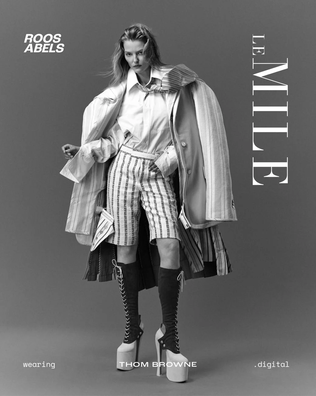 LE MILE Magazine ROOS ABELS Interview and SS26 Fashion Editorial Roos wears a total look by Thom Browne