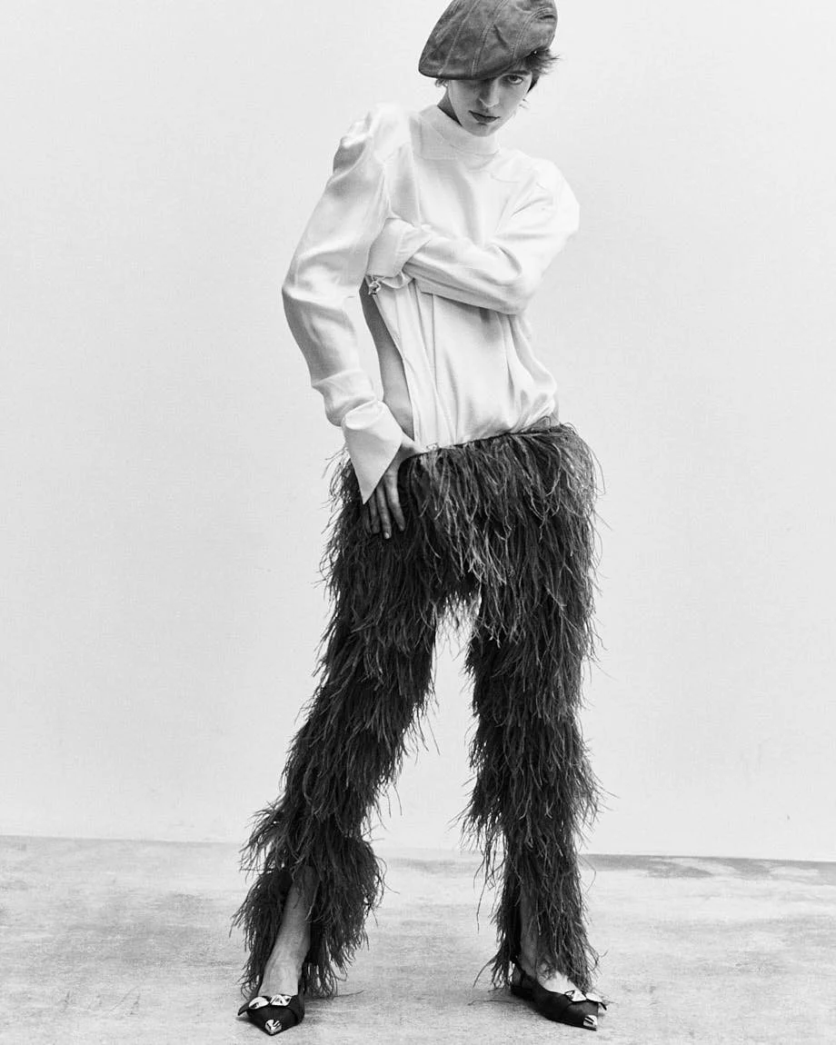 CATERINA DEORDIEVA LE MILE Magazine Antonio Grotti editorial SS26 womenswear Caterina wears shirt by LOUIS VUITTON, pants by GIUSEPPE DI MORABITO, shoes by APEPAZZA and hat by STETSON