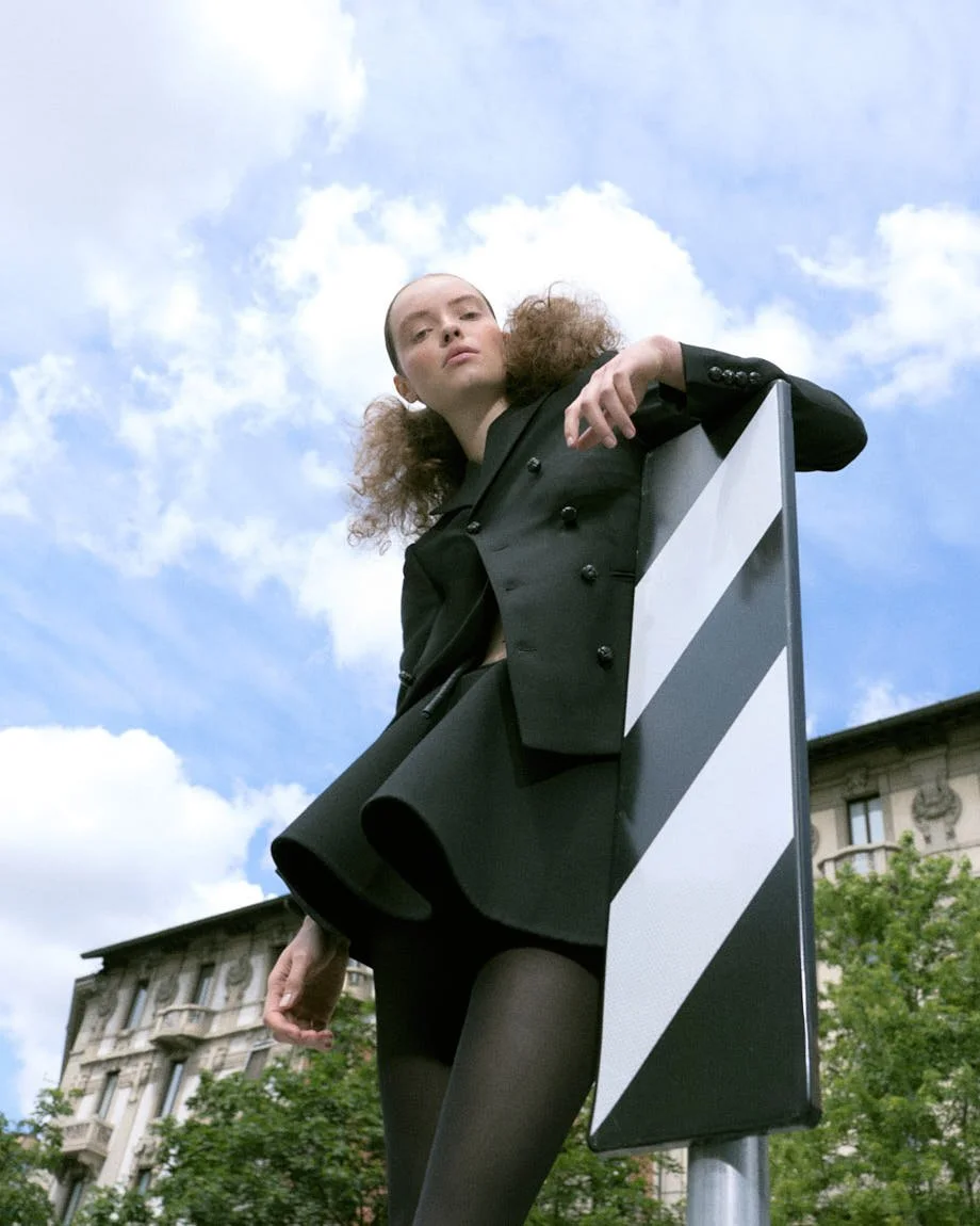 LE MILE Magazine Luisa Schumacher SS26 Editorial Luisa wears blazer and skirt by CELINE and tights by CALZEDONIA