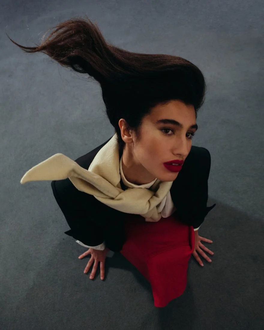 LE MILE Magazine model Mariana Goncalves photo Cosimo Buccolieri SS26 COVER Mariana wears a blazer by MICHAEL KORS, a shirt and skirt by FERRAGAMO, a shirt by LABO.ART, shoes by A.BOCCA, a scarf by BRIONI and tights by CALZEDONIA