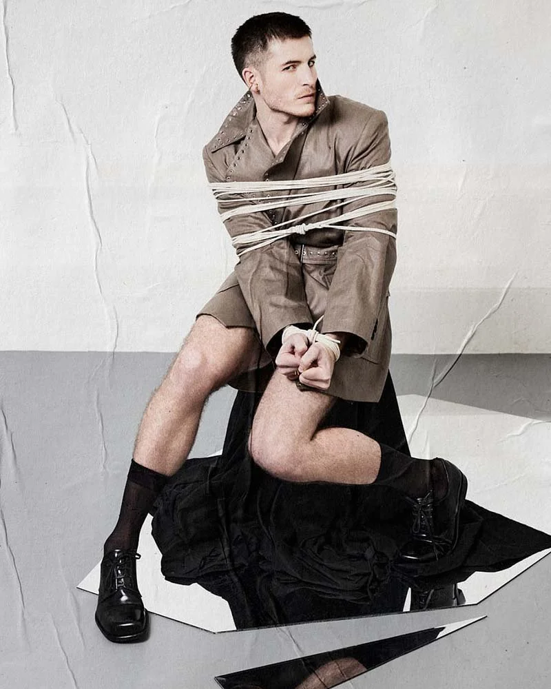 Kieron Moore LE MILE Magazine Cover Interview with Alban E. Smajli Kieron wears jacket and shorts by LUDOVIC DE SAINT SERNIN and ear cuffs by ALT PARIS
