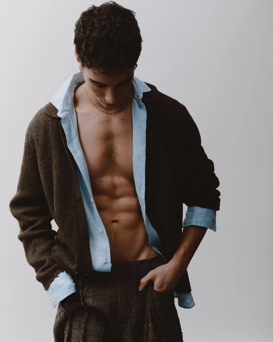 FABIO D'ADDONA for LE MILE Magazine photo by Andrea Cenetiempo wearing a cardigan by LEVI’S, shirt by POLO RALPH LAUREN and shorts by THE NOUR