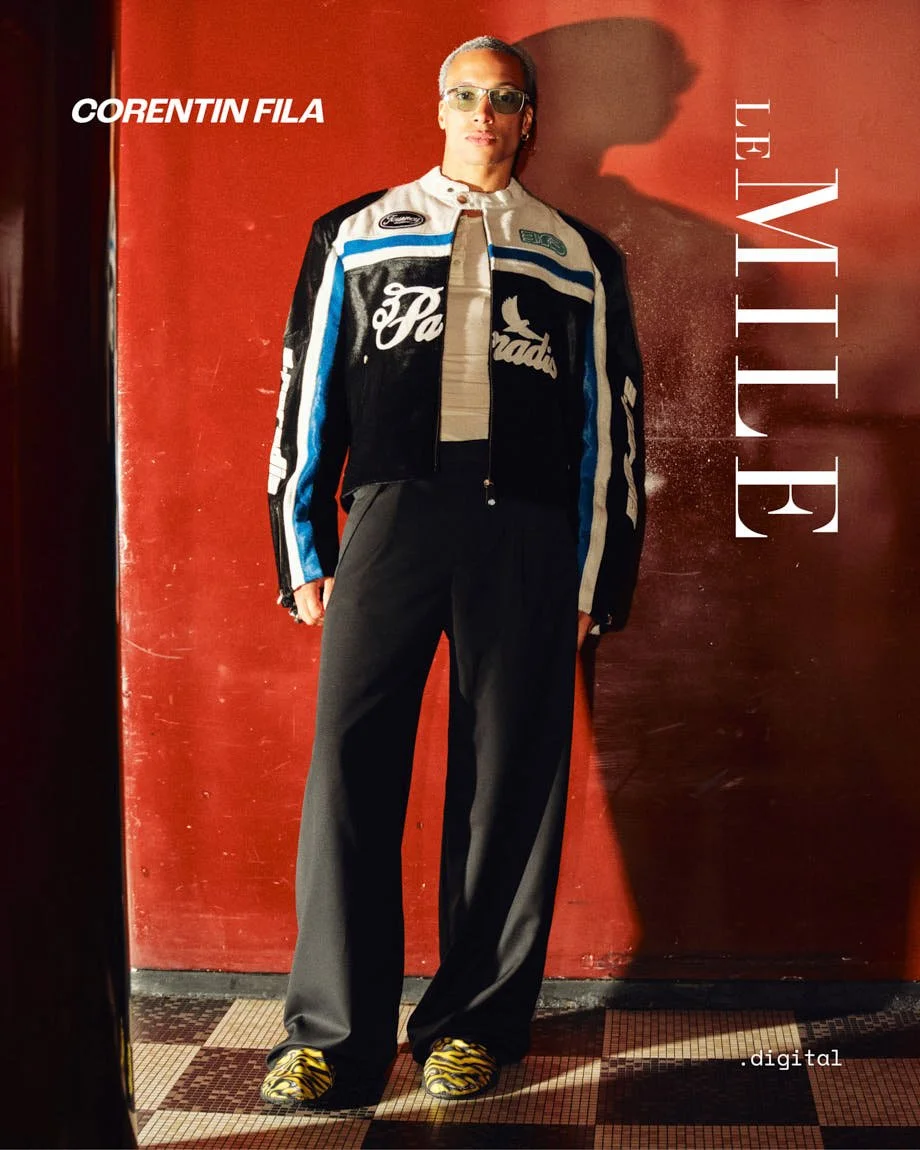 Actor Corentin Fila on The White Lotus Season 3 LE MILE Magazine FW26 Deja Vu Edition Nr41 Corentin wears trousers and a jacket by 3.PARADIS, a tank top by GMBH, shoes by ROMBAUT, a necklace and ring by D’HEYGERE and glasses by IC! BERLIN