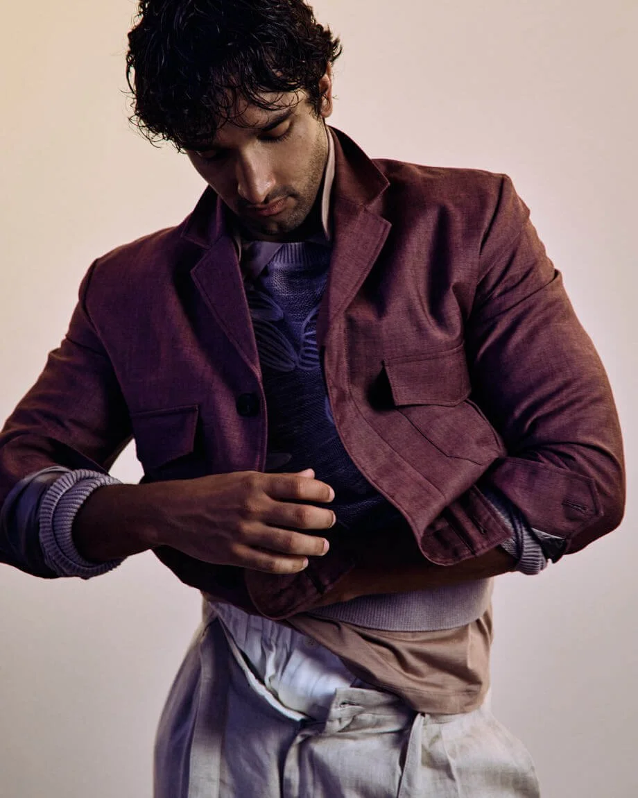 NOAH SAPON Interview SS26 Fashion Editorial for LE MILE Magazine Noah wears overshirt by PAUL SMITH, sweater by AVANT-TOI, shirt by JACOB COHËN, pants by CANALI and RANDOM IDENTITIES by Stefano Pilati and shoes by AQVA ALTA