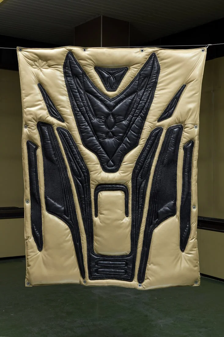 Moto 3, 2021, quilted synthetic leather, 190 × 135 cm, presented as part of Dunyha Tomorrow at acb Gallery, Budapest, Hungary, 2021. Image by Dávid Biró