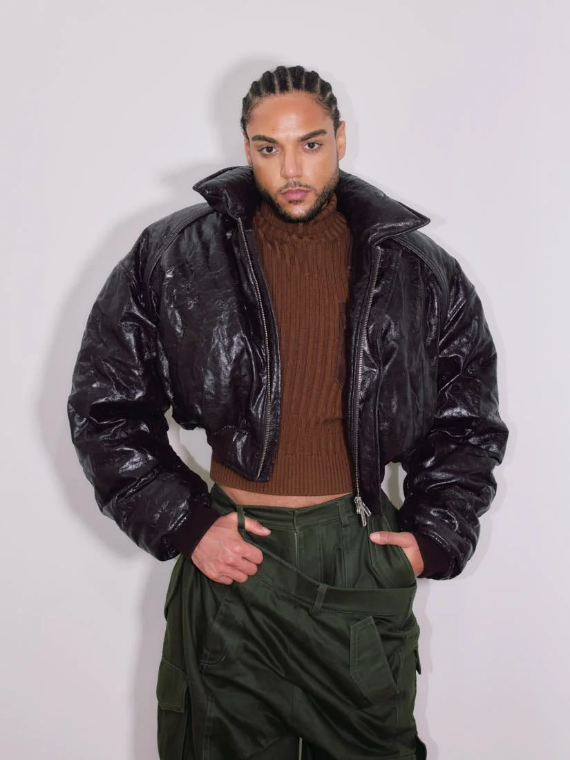 Lamin Leroy Gibba stylist Klass Hammer photo Leon Nevill Gallagher LE MILE Magazine Lamin wears a total look by Juun.J with shoes by COS