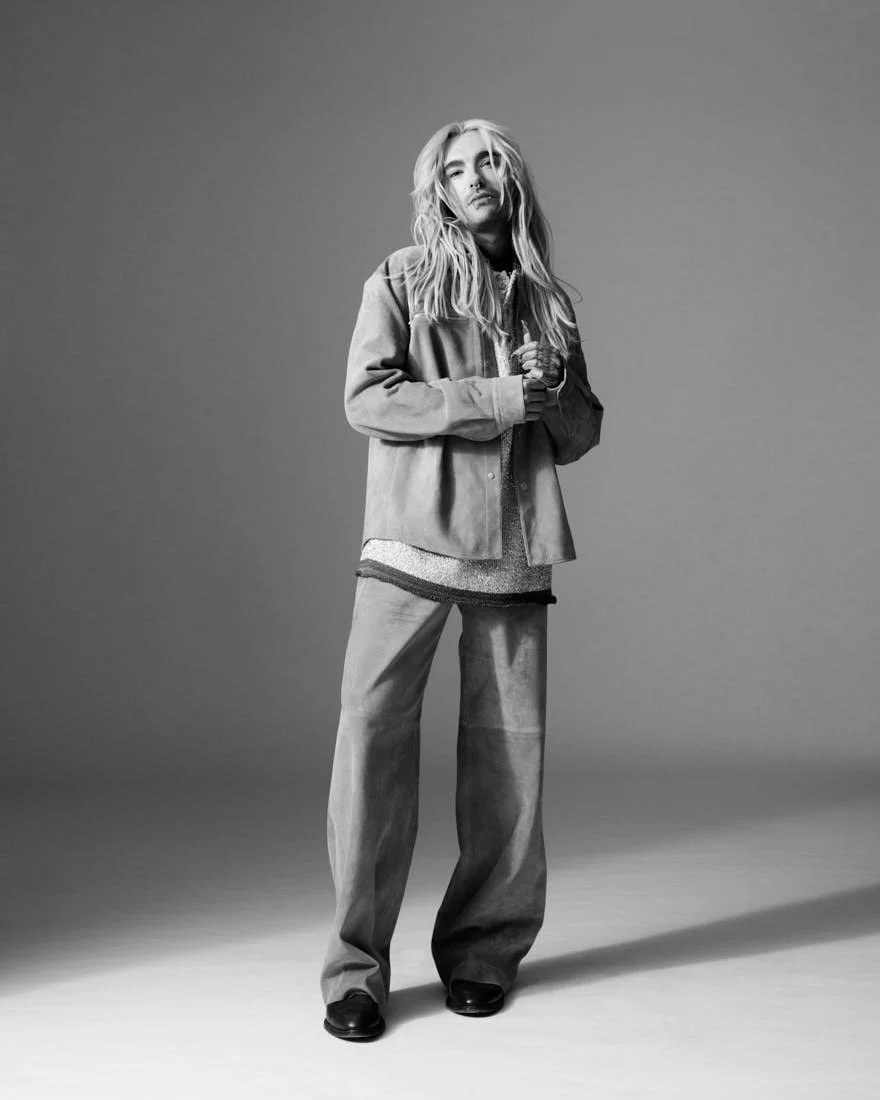 Bill Kaulitz Cover LE MILE Magazine photo Chris Puttins editor Alban E. Smajli image sweater 032C, jacket and trousers HERMES, shoes MARSELL