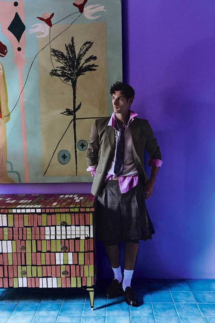 Aaron Shandel for LE MILE Magazine photographer Cosimo Buccolieri Issue 41 FW26 Deja Vu Cover Aaron wears a blazer by CELINE, a polo shirt by SON OF A TAILOR, a shirt by WOOD WOOD, shorts by PHYSIQUE DU ROLE, shoes by CHURCH’S and a tie by CARUSO