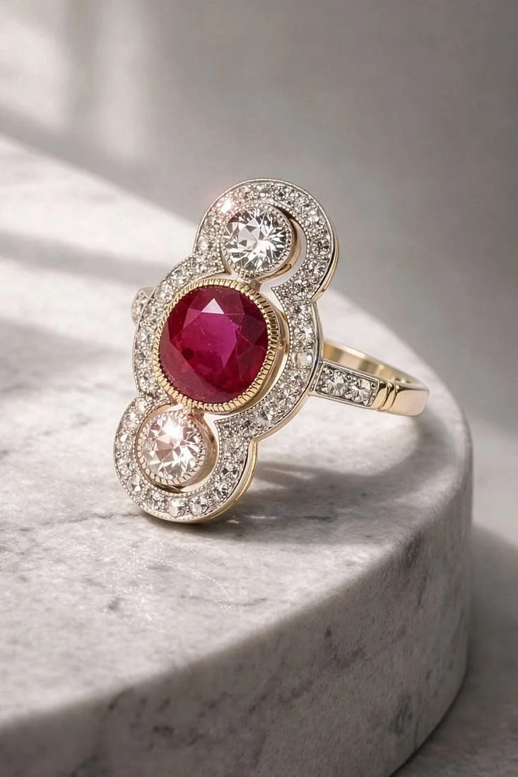 Antique and vintage engagement rings from Rheinfrank & Holzfuss, featuring historic diamond and gemstone designs spanning more than two centuries of jewellery making.