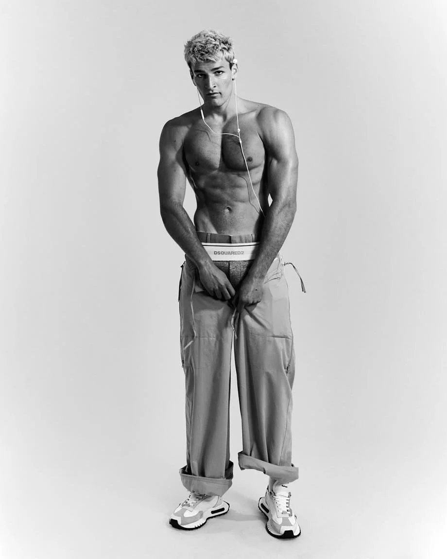 LE MILE Magazine Milhan Bouzidi SS26 Editorial Milhan wears shorts by CALVIN KLEIN and DSQUARED2, pants by QUARTO ATTO and shoes by BEPOSITIVE