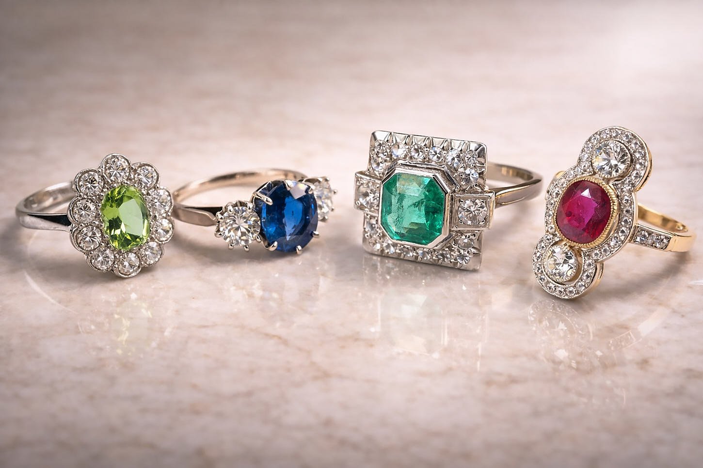 Antique and vintage engagement rings from Rheinfrank & Holzfuss, featuring historic diamond and gemstone designs spanning more than two centuries of jewellery making.