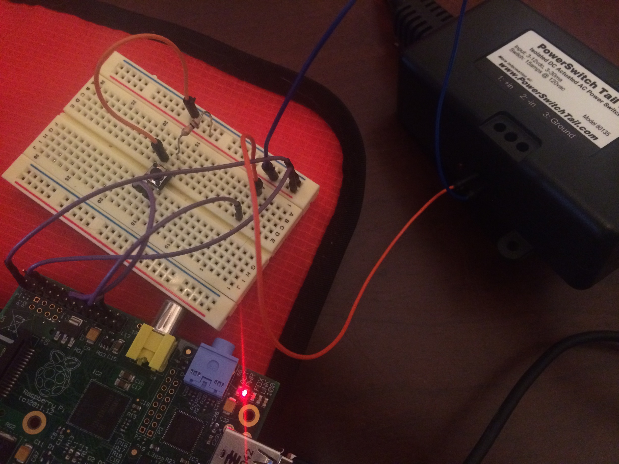 PowerSwitch Tail II and Raspberry Pi wired into a bread board