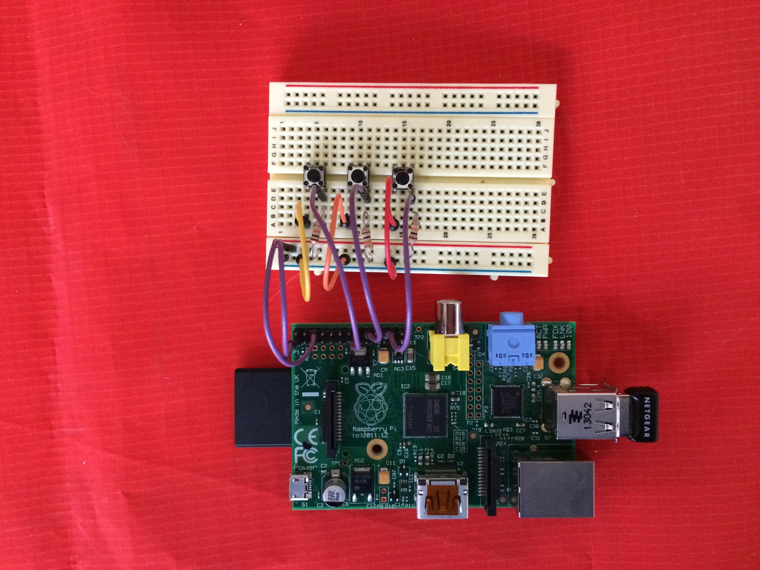 Breadboard setup for the Simple Soundboard project