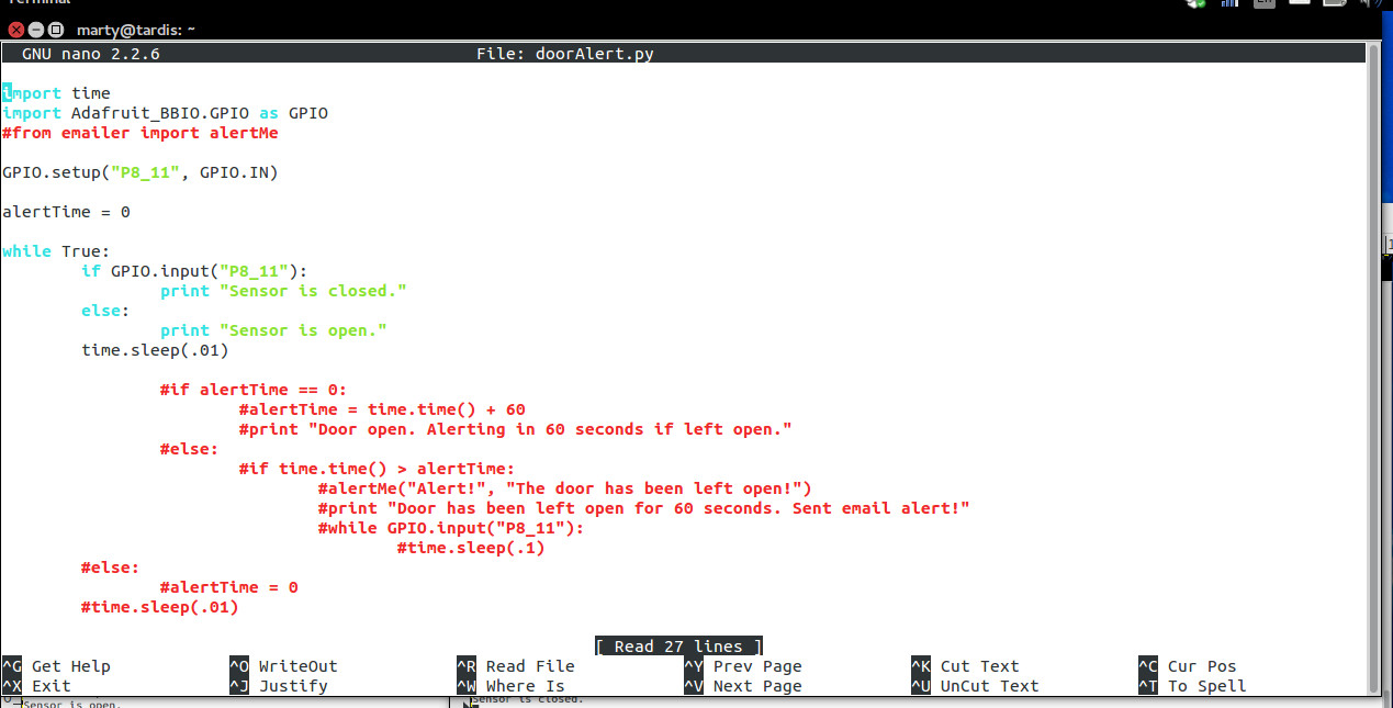 Reed Switch code with the emailer lines commented out.