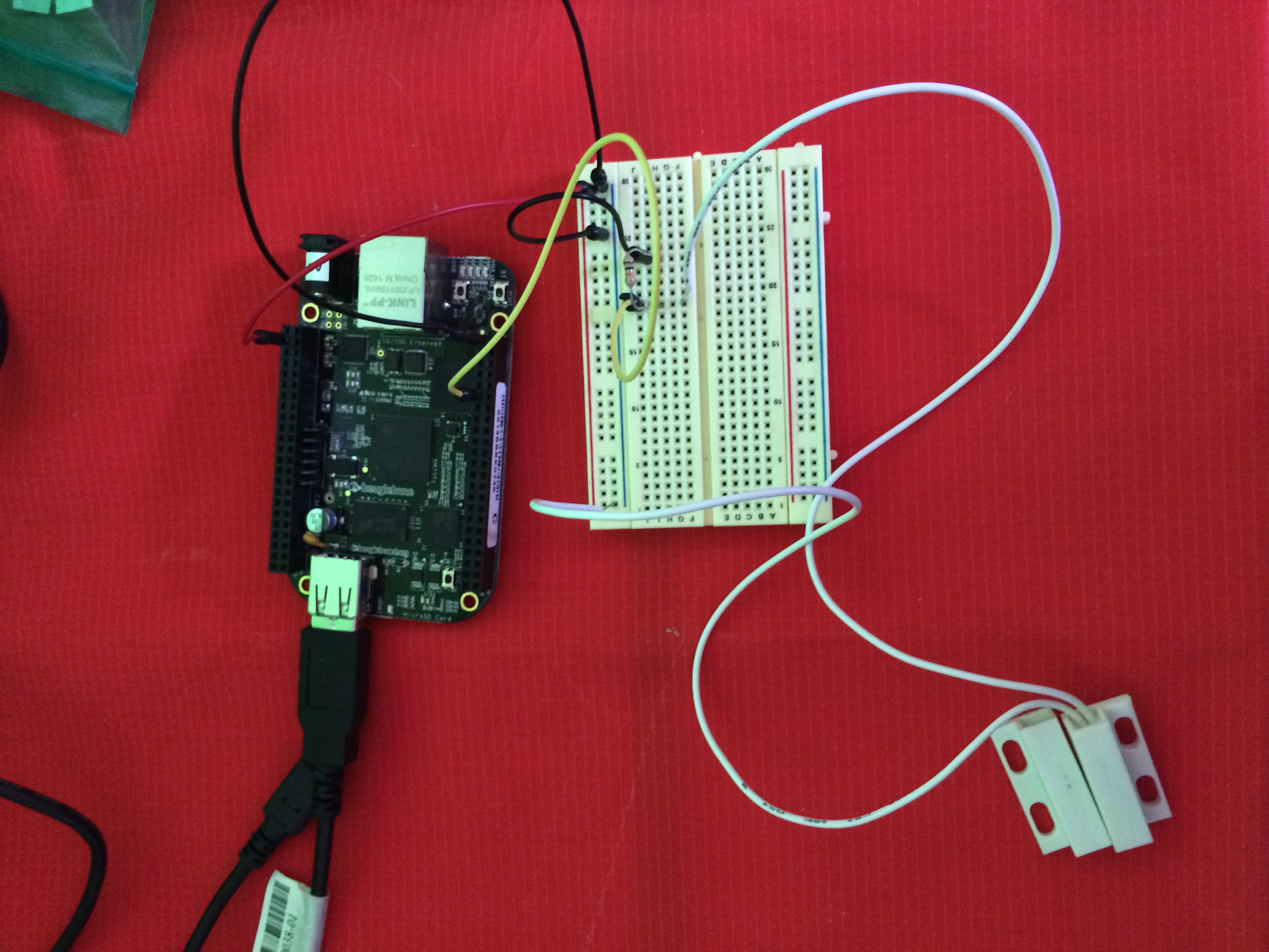 Reed Switch door sensor breadboarded to the Beaglebone Black