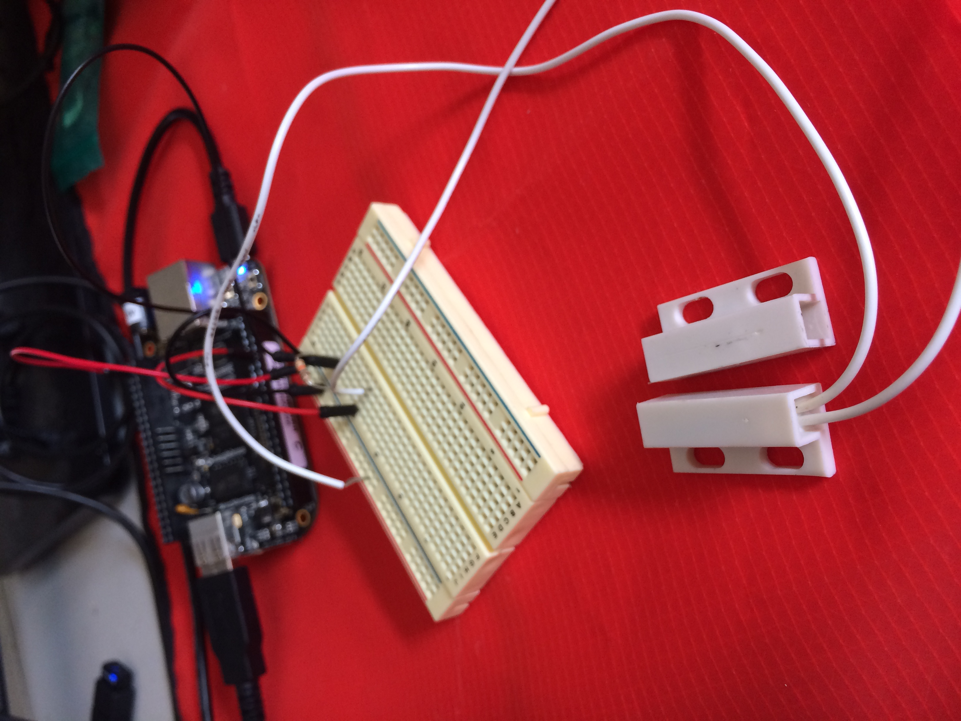 Reed switch breadboarded to the Beaglebone Black