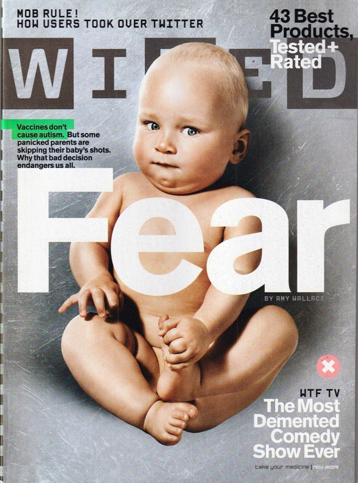 WIRED Magazine cover featuring a baby with a serious expression, sitting with crossed legs. The cover includes a headline quote about autism and vaccination.