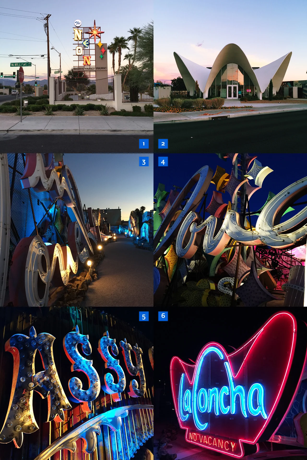 1 . The Boneyard holds more than 150 signs and a visitors' center housed inside 2. the former La Concha Motel lobby. This mid-century modern design is an example of Googie Architecture, which describes a style that references a time when the United States was anticipating the future. 3 & 4. The Moulin Rouge Hotel sign originally designed by Betty Wills, the same woman who designed the Welcome to Las Vegas sign in 1959. She is my new idol. 5. Sassy Sally's sign (but you know, cropped because I'm 12) 6. The original La Concha sign.