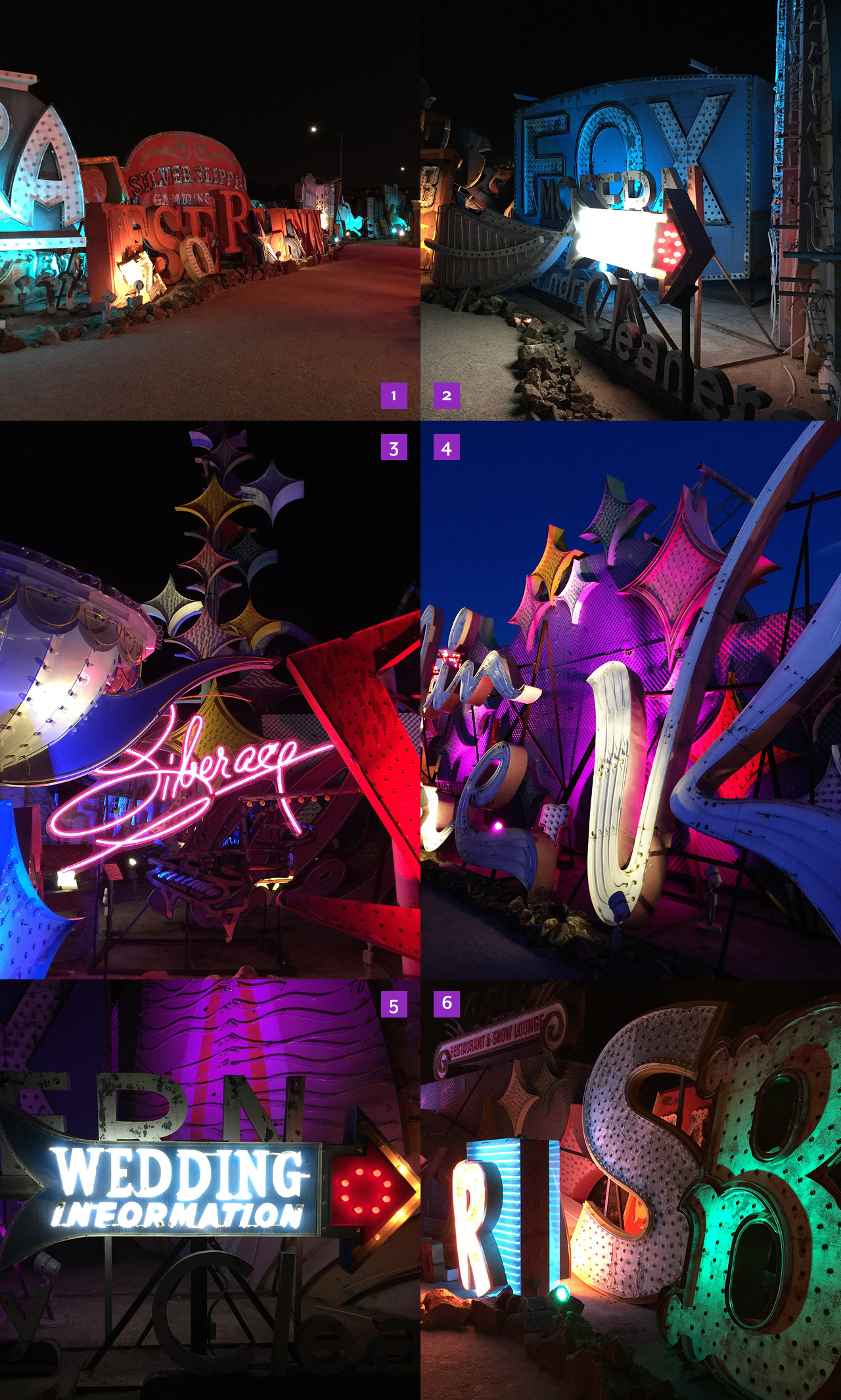 1. & 2. More shots from the Neon Museum, including 3. restored sign from the Liberace Museum, 4. Moulin Rouge (detail shot), 5. an old Wedding Chapel sign, and 6. a collection of odd letters—which I loved!