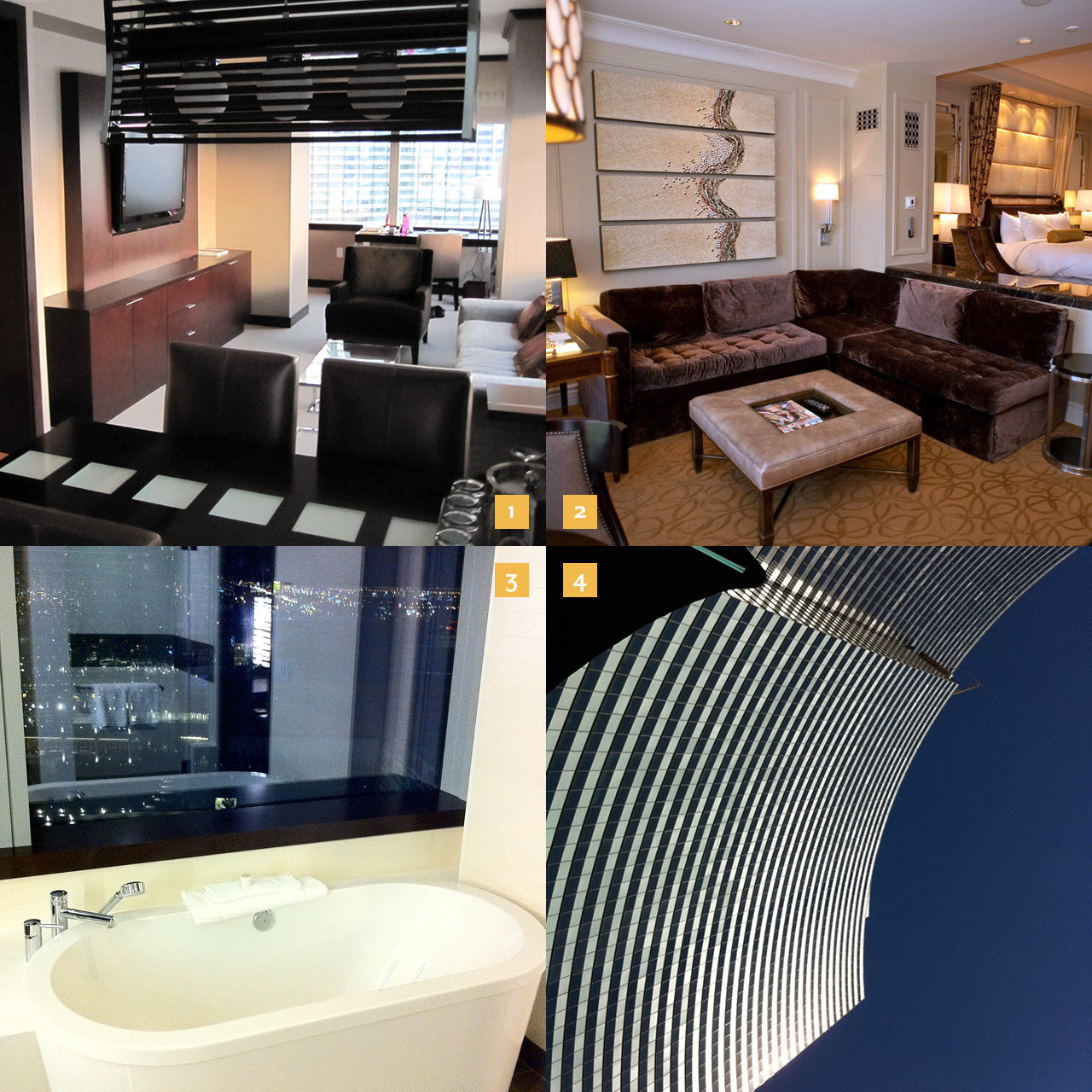 1. The Vdara 2. The Palazzo 3. The tub and 4. the view from the pool at the Vdara.