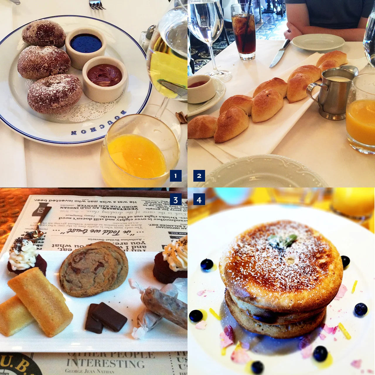 1. Cinnamon spiced beignets with Nutella and berry jam and 2) world's best baguette at Bouchon; 3. the desserts at P.U.B.; 4. lemon ricotta pancakes with rose water syrup at the Vdara's house restaurant.