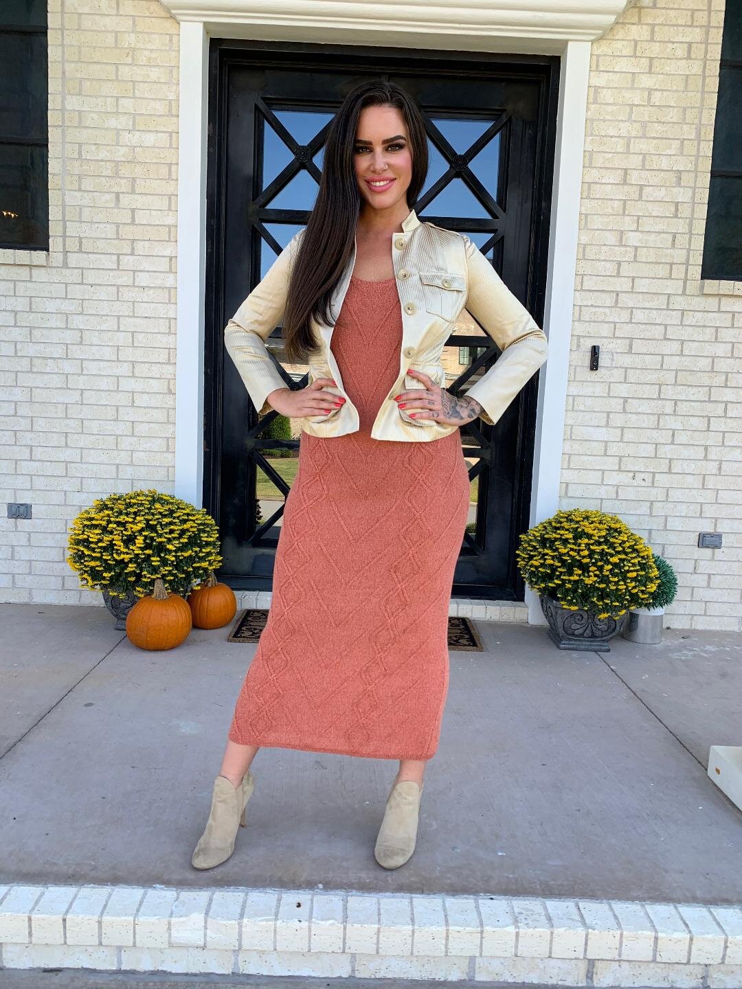 Banana Republic Gold Jacket with Burnt Orange Dress