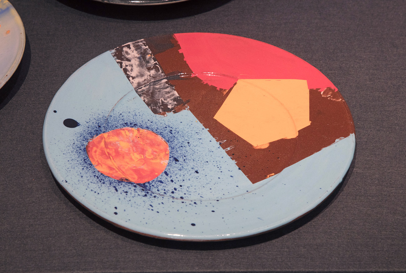 Fifty Slipware Plates (coming out as a potter) , 2017, earthenware, slips, transparent glaze, Exeter Phoenix, photo Jamie Woodley