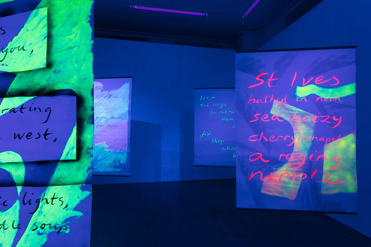 Installation view, Black Light Poems , 2017, UV reactive acrylic and spray paint, ink on paper, oak beading, Exeter Phoenix, photo Jamie Woodley