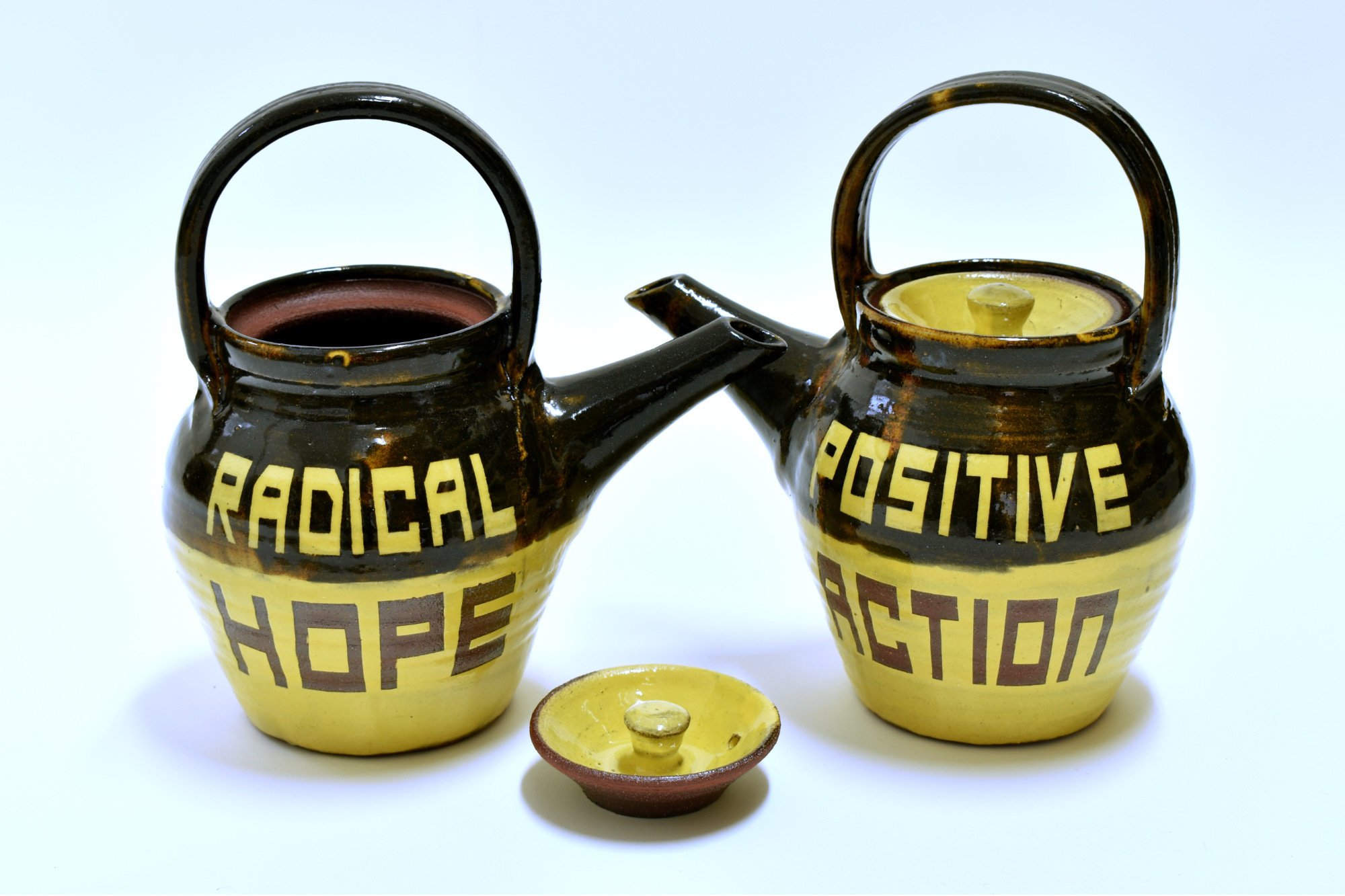   Teapot (Positive Action / Radical Hope) , single-fired terracotta, coloured slips, clear glaze, height 22.5 cm 