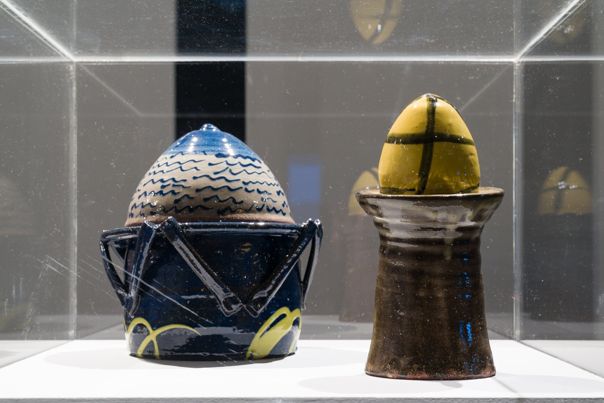   Left: Lidded Jar (for Alfred Wallis – St Ives Bay)   Right: Tea Caddy (for Alfred Wallis)  2023 Single-fired terracotta, coloured slips, clear glaze 